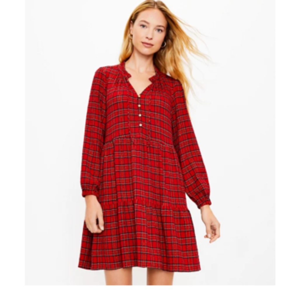 LOFT Red & Gold Thread Tiered Check Dress with Pockets | Long-sleeve | Size XXSP